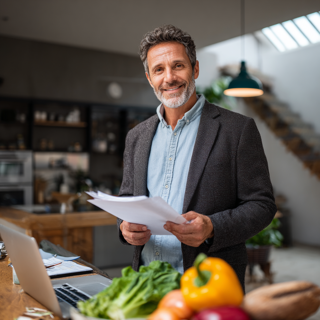 Professional middle-aged man in his 50s reviewing nutrition plans and healthy meal preparations at a modern workspace, wearing business casual attire and showing confident satisfaction