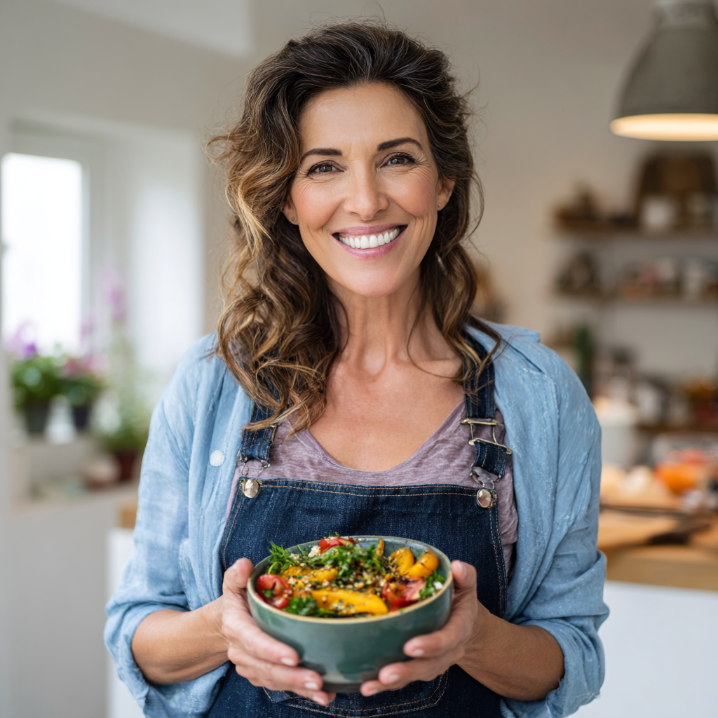 Smiling woman in her 40s holding a colorful healthy meal bowl in a bright modern kitchen, wearing casual clothing and expressing joy about healthy eating